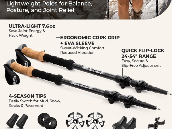 Foxelli carbon trekking poles 7.6 oz; cork + EVA grip; flip-lock 24–54 in; 4-season tips