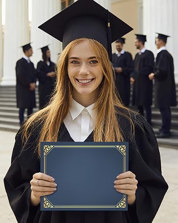 A smiling graduate holds a diploma cover, standing before classmates outside a classical building.