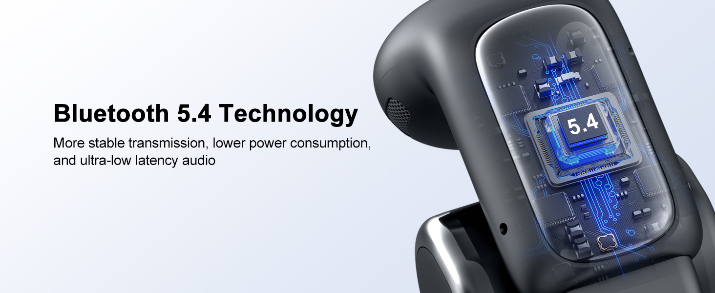 Black wireless earbud with transparent section showing internal Bluetooth 5.4 chip.
