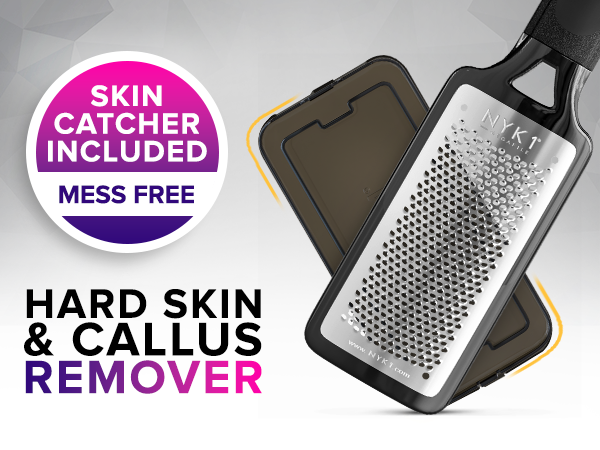 Metal foot file with handle and coarse grating surface. Product includes a skin catcher for mess-free hard skin and callus removal, as shown on packaging.