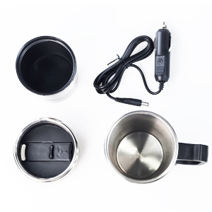 Disassembled parts of a travel mug or thermos, including stainless steel cup, black plastic lid, and cord.