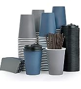 100 Pack 12oz Paper Coffee Cups, Disposable Coffee Cups with Lids, Sleeves and Stirring Sticks, H...