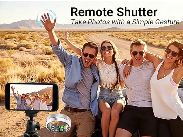 Smart ring with remote shutter control for taking photos with simple gestures.