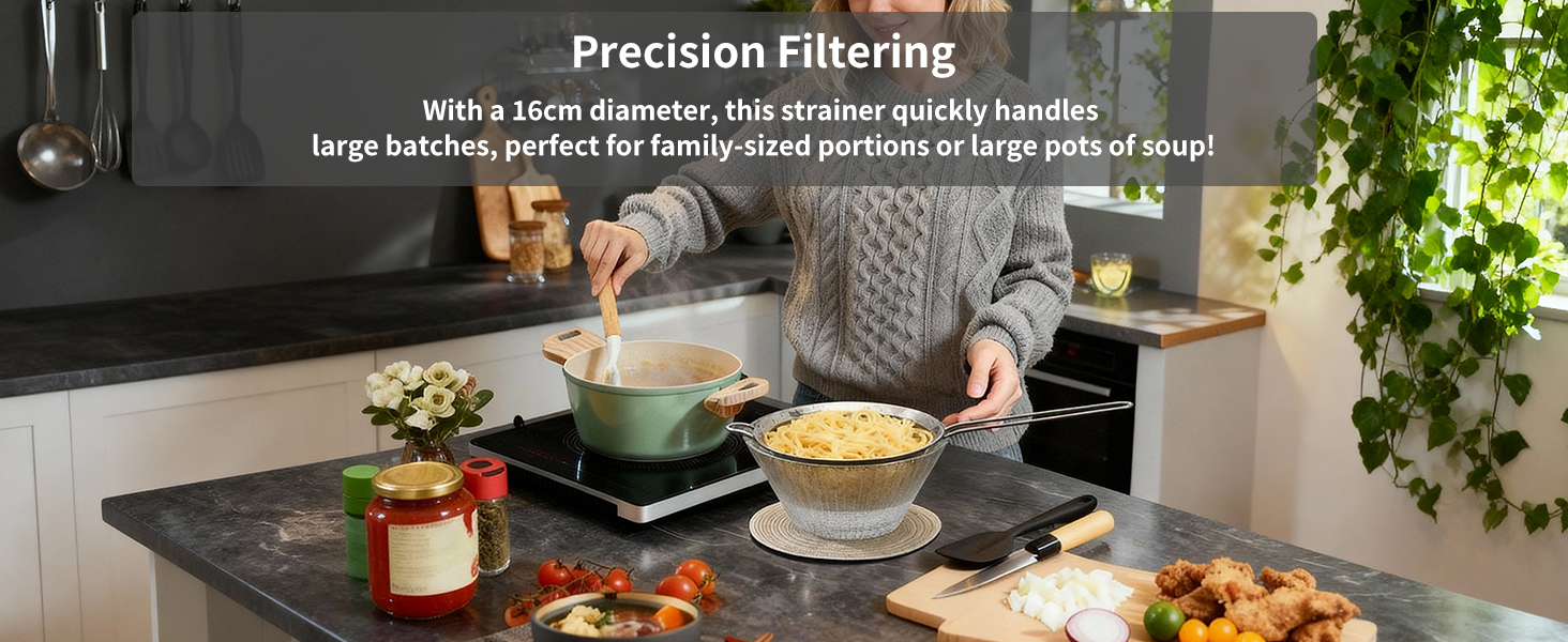 304 stainless steel strainer with 16cm diameter, perfect for large batches and family meals.