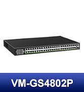Black network switch device with multiple ports. Model number VM-GS4802P visible on blue label below the device.
