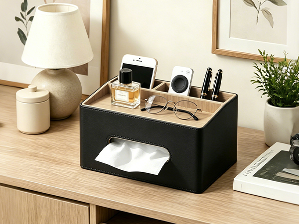 Fanousy Rectangular Tissue Box Cover, PU Leather Facial Tissue Holder with Storage Tray