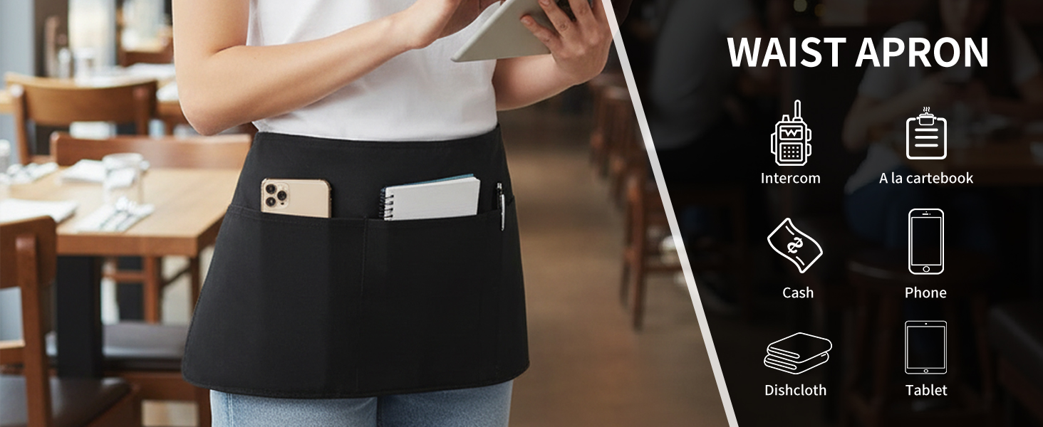 Waitress Apron With 3 Pockets-Black Server Aprons-Waiter Short Half Waist Servers Apron