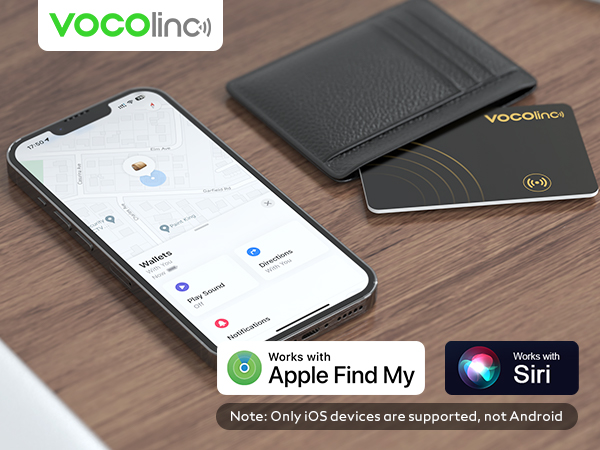 VOCOlinc smart tracking device with leather wallet and smartphone. Screen shows map interface. Compatible with Apple Find My and Siri. Note: Only iOS devices supported.