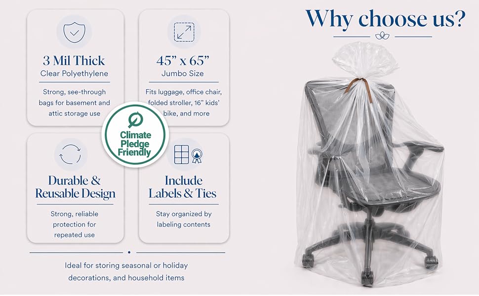 3 Mil 45x65 jumbo clear plastic storage bags for office chair kids bike stroller attic protection