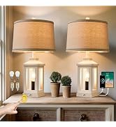 G-SAFAVA 23.75" Retro Farmhouse USB C+A Ports Table Lamp Set of 2 with 3 Way Dimmable Touch Contr...