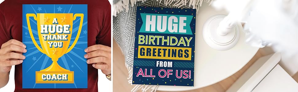 Two jumbo folded birthday and thank you cards on a table and in a man's hands.