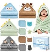 16 PCS Baby Bath Towels Set for Infants Toddlers,4 PCS Toddlers Hooded Baby Towels & Bath Sponge,...