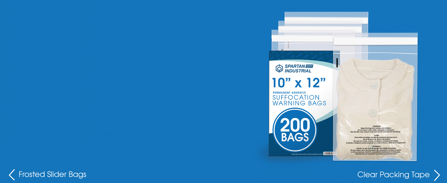 A suffocation warning bag packed with a sweater in front of its packaging on a blue background