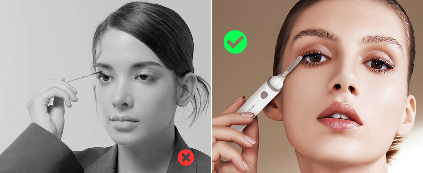 Split-screen comparison showing correct and incorrect usage of a white beauty or skincare applicator tool.