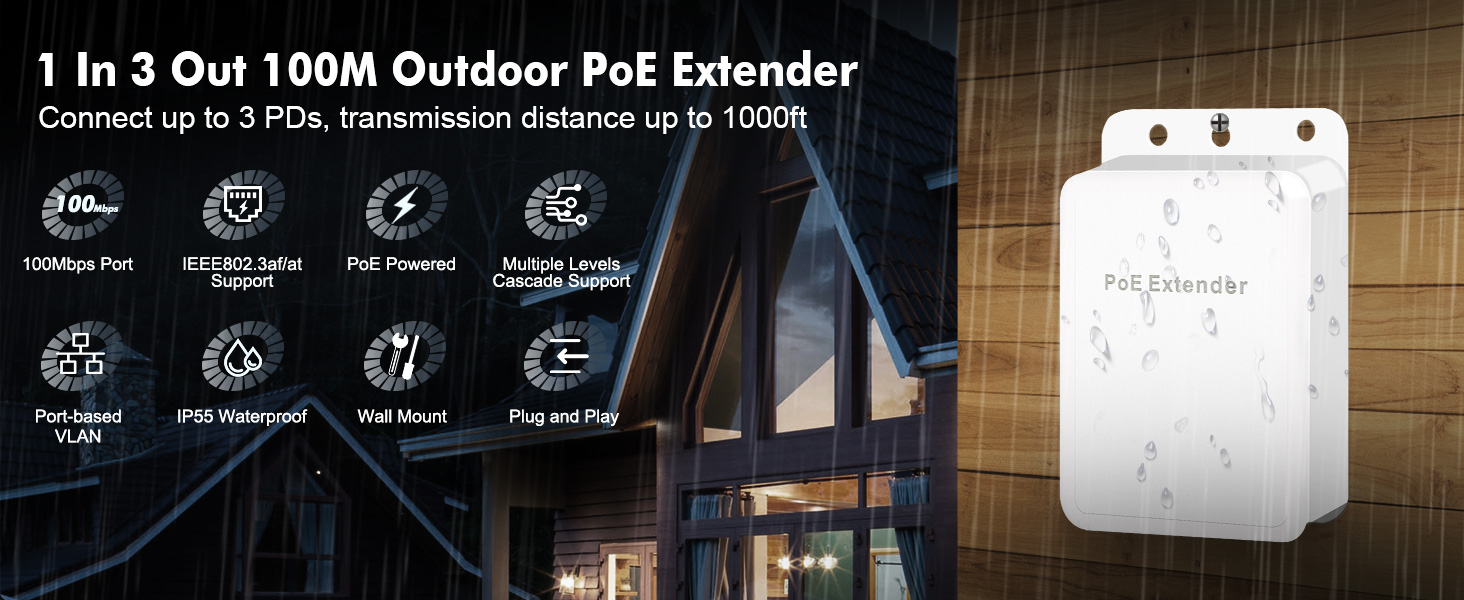 1 in 3 out 100M outdoor poe extender