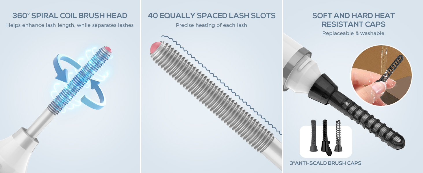 Three-panel image of spiral coil brush heads. Text describes '360° spiral coil brush head', '40 equally spaced lash slots', and 'soft and hard heat resistant caps'.