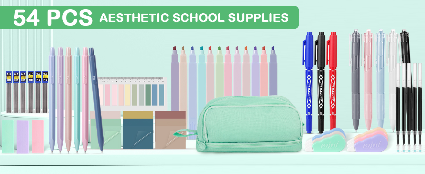 school supplies aesthetic stationery set mechanical pencil case pouch marker erasers sticky note