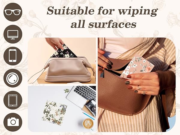Text reads 'Suitable for wiping all surfaces'. Collage showing cloth or wipe being used on various surfaces including laptop, furniture, and hands.