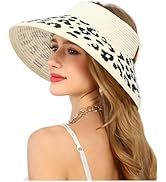 LA CARRIE Wide Brim UV Protection Sun Hats for Women with Leopard Trim Straw Roll Up Beach Visor ...