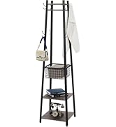 VECELO Coat Rack Freestanding,Hall Tree with Metal Basket and Storage Shelves,Industrial Coat Rac...
