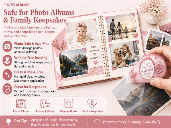 Photo tape for scrapbooking, albums, prints and family keepsakes