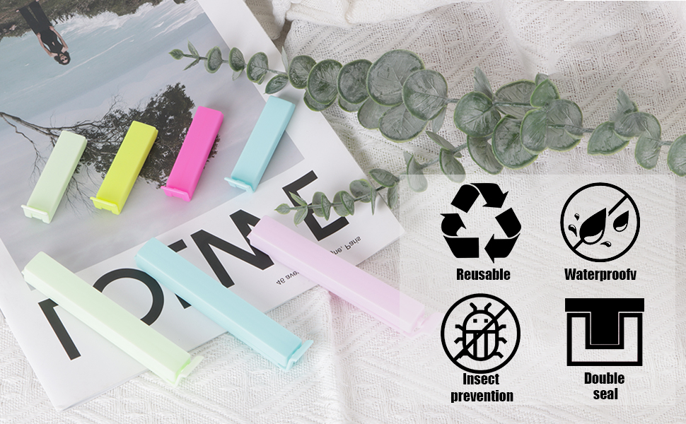 Collection of pastel-colored items alongside eucalyptus branches and recycling/sustainability icons indicating eco-friendly product features.