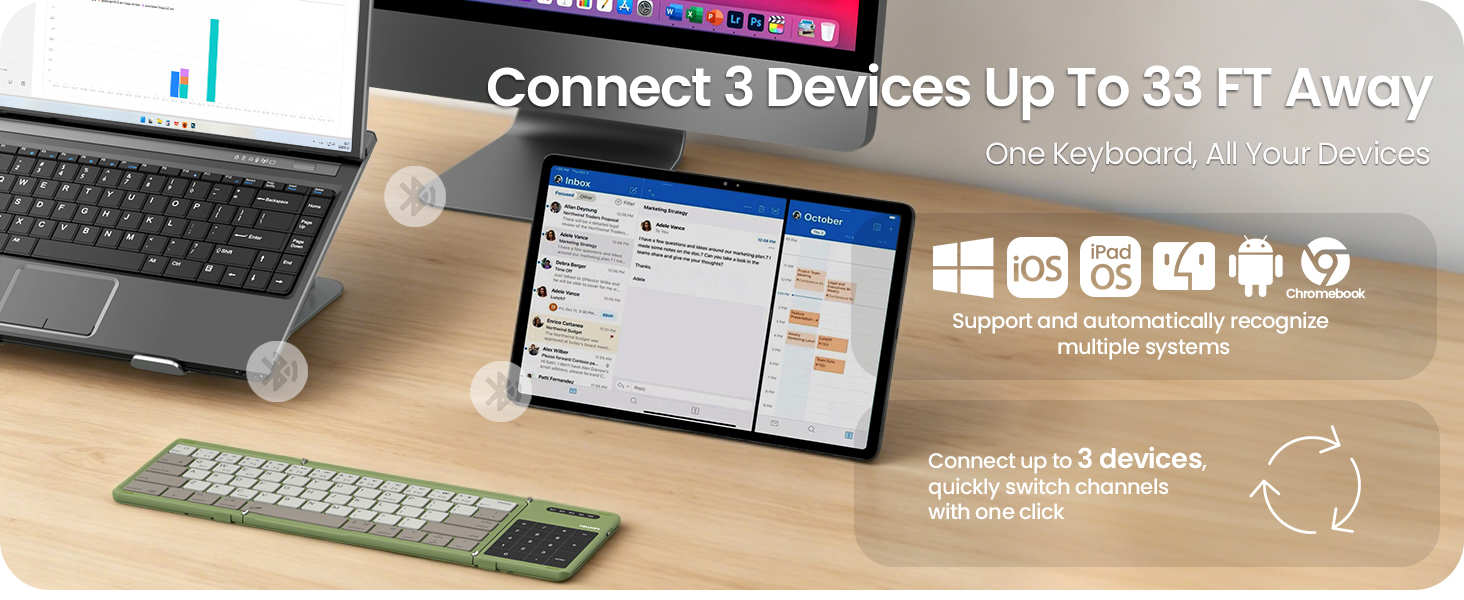 Connect up to 3 devices and switch instantly between tablet laptop and phone with one keyboard