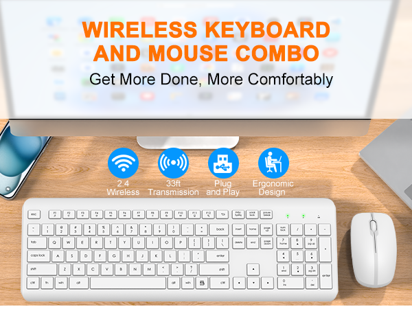 Wireless Keyboard and Mouse Combo, Full Size Silent Ergonomic Keyboard Mouse