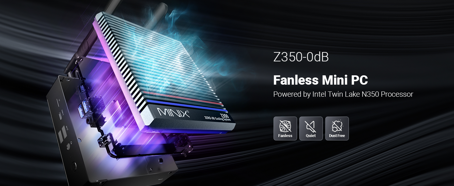 Fanless mini PC with colorful LED lighting. Features 7350 OdB noise level