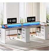 YATINEY Farmhouse Executive Desk, L Shaped Computer Desk with Power Outlets and LED Lights, Home ...