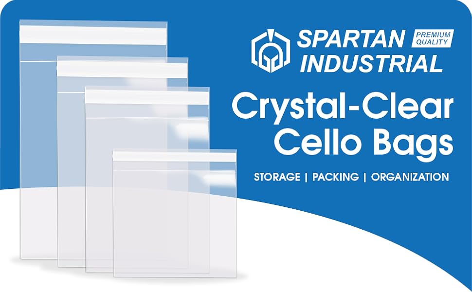 Four empty cello bags in various sizes to use for storage, packaging, and organization