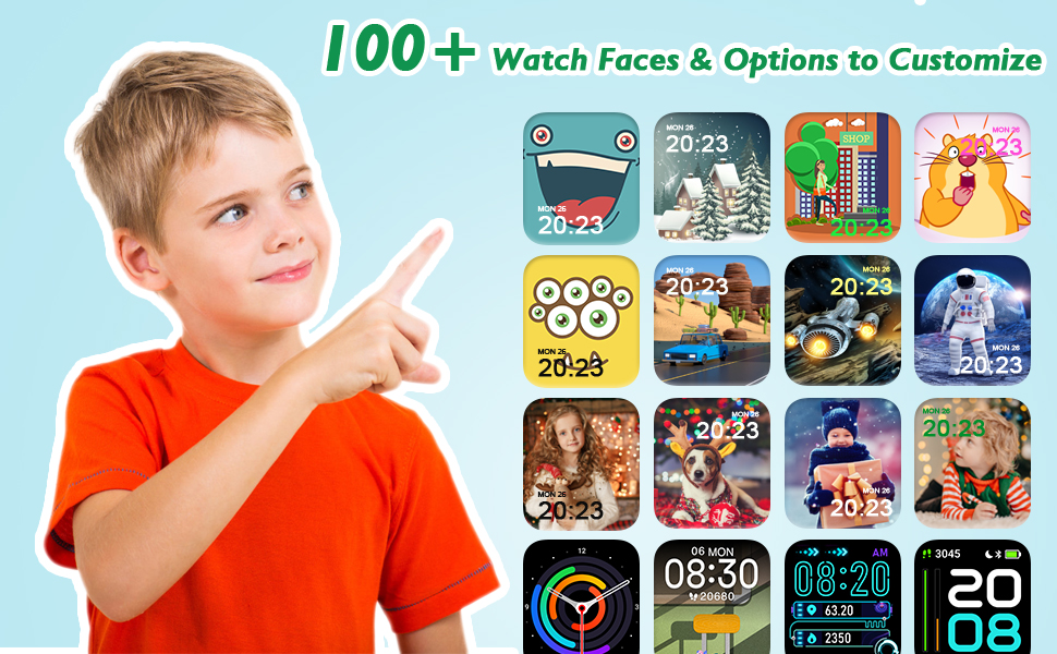 Smartwatch interface customization options. Display shows over 100 watch faces and customization choices, including cartoon characters, animals, and digital designs.