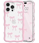 QLTYPRI for iPhone 16 Pro Max Pink Bow Case, Clear Cute Pink Ribbon Bow Phone Case Curly Wavy Aes...