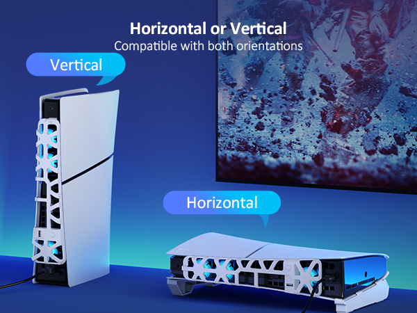 The cooling fan can be placed on the PS5 Slim whether it is positioned horizontally or vertically.