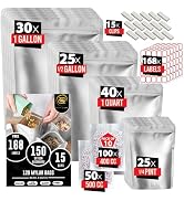 120 Mylar Bags with 150 Oxygen Absorbers-168 Labels & Stand-Up Reusable 4 Sizes Airtight Smell Pr...