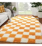 KICMOR 4x6 Rugs for Bedroom Living Room, Orange and Cream White Fluffy Fuzzy Checkered Shag Area ...