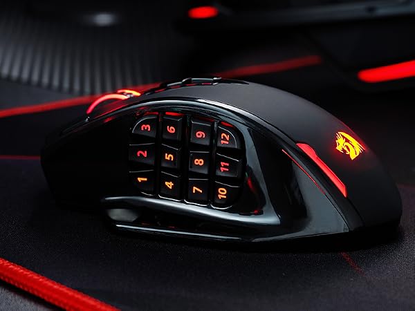 Redragon M913 MMO mouse with illuminated side keys for night play keeps commands easy to find