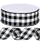 Winlyn 50 Yards Black and White Buffalo Check Plaid Wired Ribbon Gingham Ribbon 2.5" Wide for Chr...