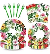 100 Pcs Tropical Luau Party Supplies Set, Serves 25 – Disposable Hibiscus Floral Paper Plates, Na...