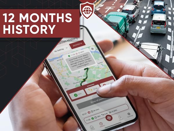 Smartphone displaying navigation map interface with '12 MONTHS HISTORY' text overlay and street view in background.
