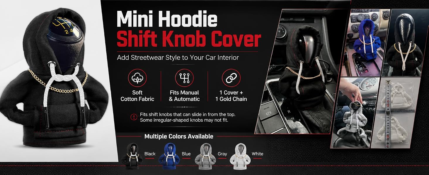 Mini hoodie shift knob cover with key features, fit note, in-car photos, and color options.