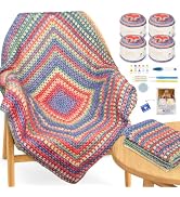 Coopay Crochet Kit for Beginners Granny Square Crochet Blanket Kit with 4 Skeins Crochet Yarn, Vi...