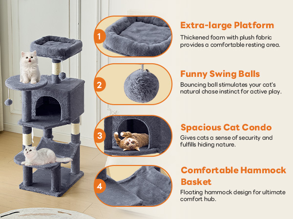 Sweetcrispy 44 inch Cat Tree with Condo, Scratching Posts, Platform, Hammock