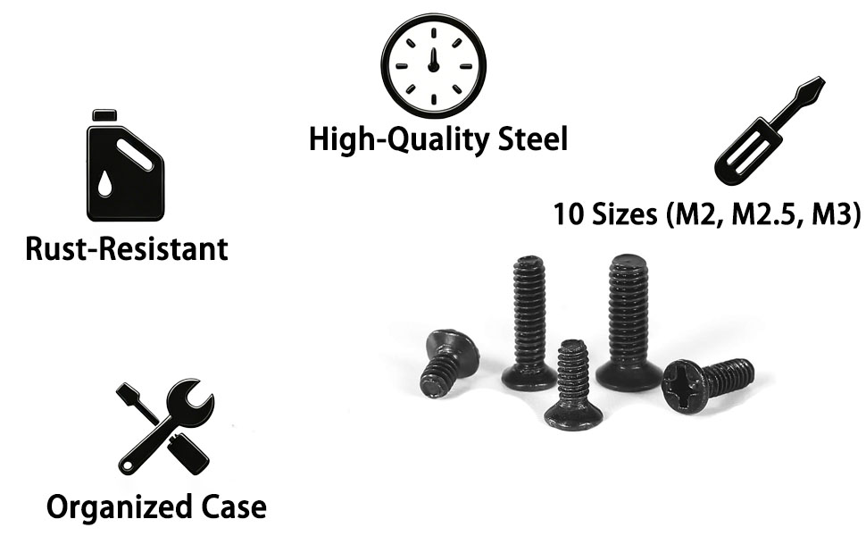 Screw kit icons: rust-resistant, steel, 10 sizes (M2-M3), case features, icons, screw kit