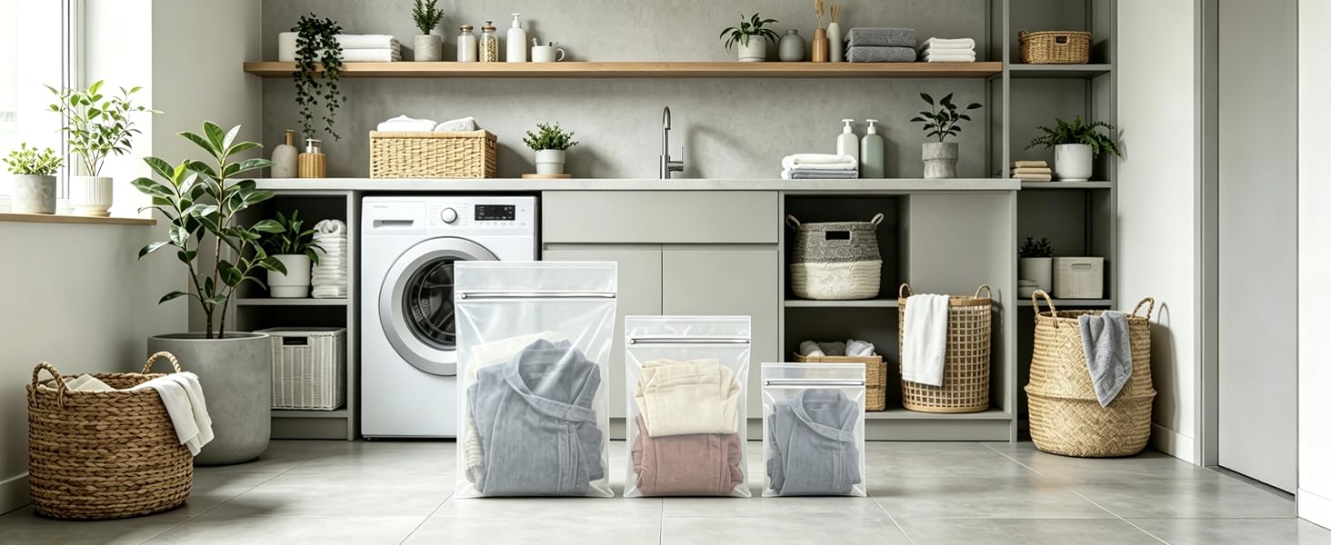 In a laundry room, there are plants and decorations on the side, and laundry bags in the middle.