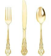 Joyido 90 Pieces Gold Plastic Silverware - Heavy Duty Gold Disposable Utensils - Fancy Plastic Cu...