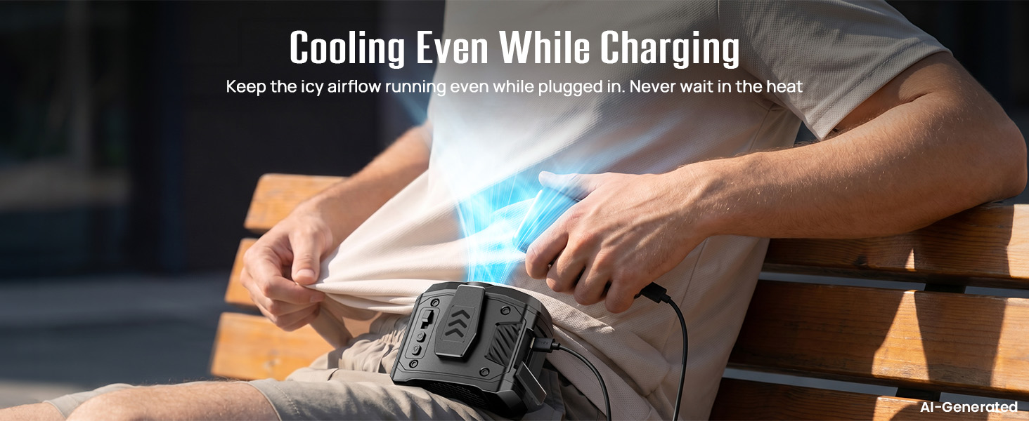 Waist cooling fan keeps blowing cool air while connected to a portable power bank