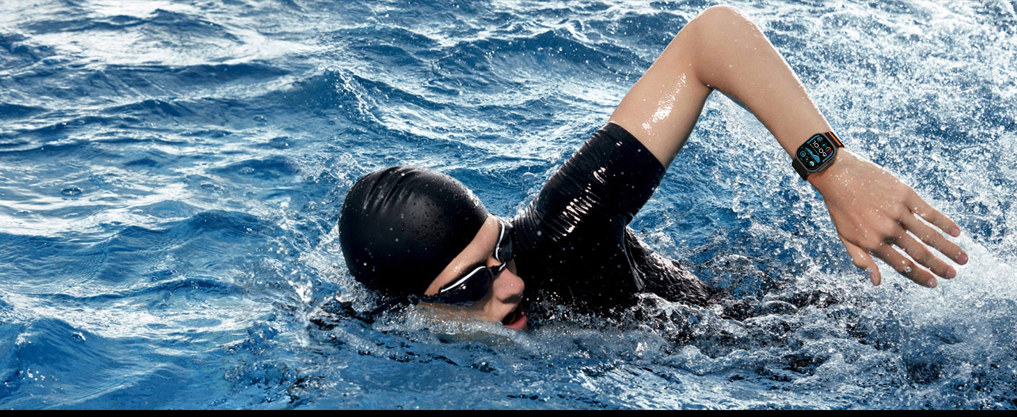 Waterproof fitness tracker on swimmer's wrist. Black band with digital display, worn during open water swimming. Tracks activity in challenging aquatic conditions.