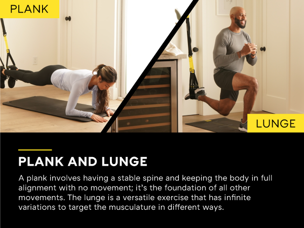 Two people exercising with Suspension Trainers. Text reads: Plank and lunge.