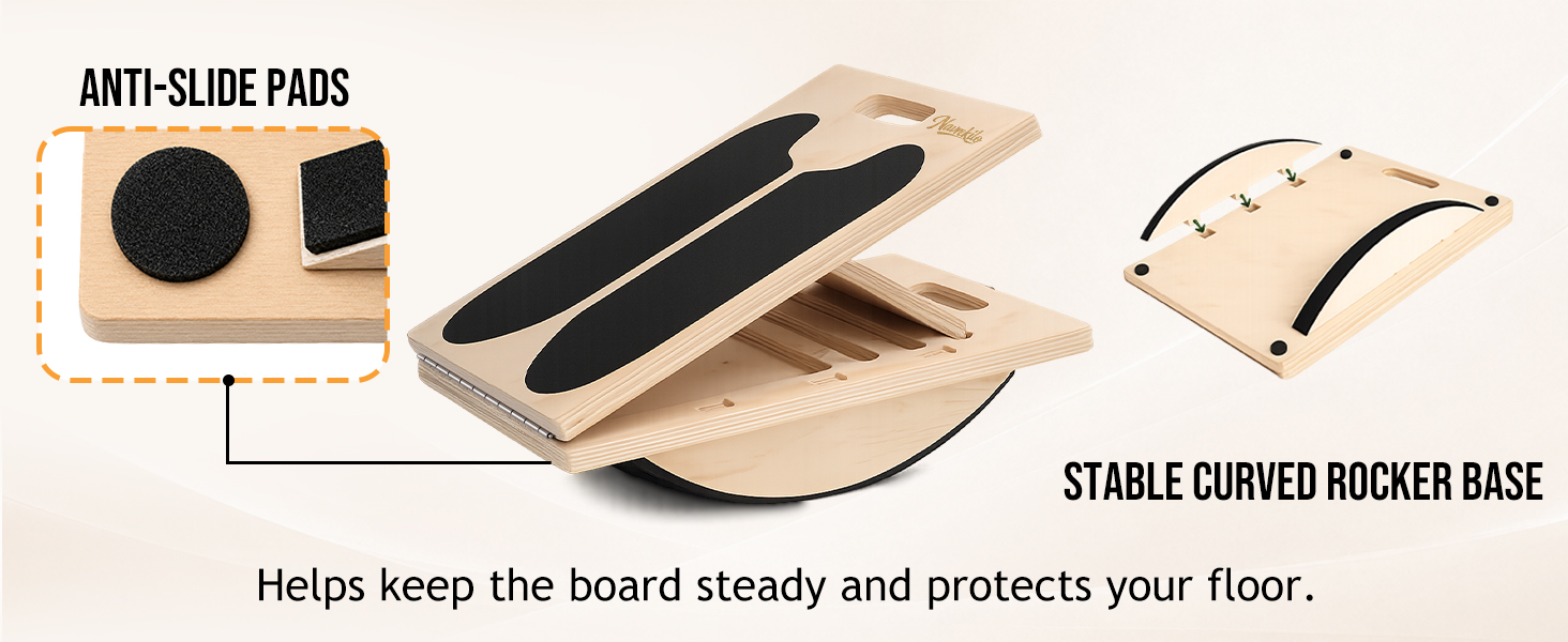 Slant balance board with anti-slide pads and curved rocker base for floor protection.